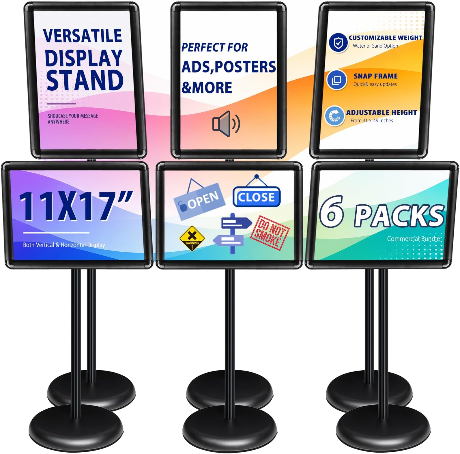 6Packs Pedestal Sign Holder 11x17in Standing Signs Display Stand Adjustable Pedestal Floor Stand Sign Holder, Aluminum Poster Stand for Ads, Posters, Menu, Guide (Black)
