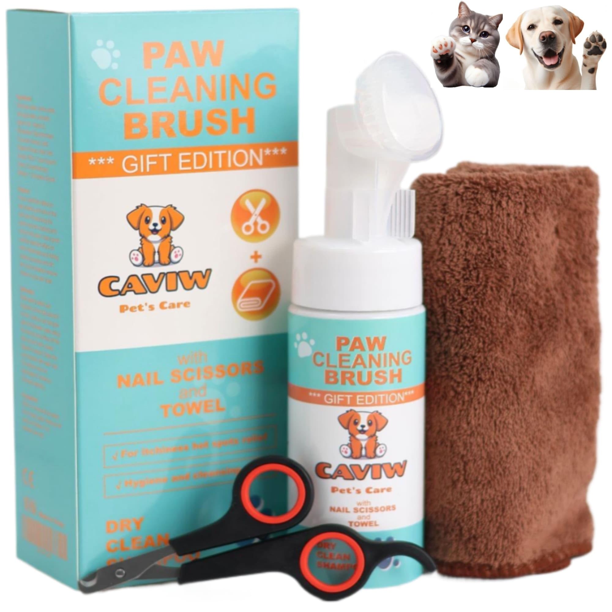 CAVIW Limpiador patas perro, almohadillas perro, 150 ml, Toalla Y Tijeras de regalo, Cepillo con Espuma de Lavado en Seco, no necesita Agua, Elimina Suciedad y Bacterias, Ecológico, Limpia Patas Perro