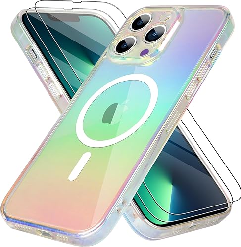 Bonoma Funda magnética para iPhone 13 Pro Max Soporte para MagsafeProtector de cámara de lujo de cristal fluorescente iridiscente con láser