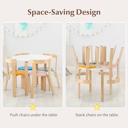 Miniatura 9 de Costzon Juego de mesa y silla para niños, mesa de actividades de madera de 5 piezas con 4 sillas, ladrillos de juguete, muebles de guardería para