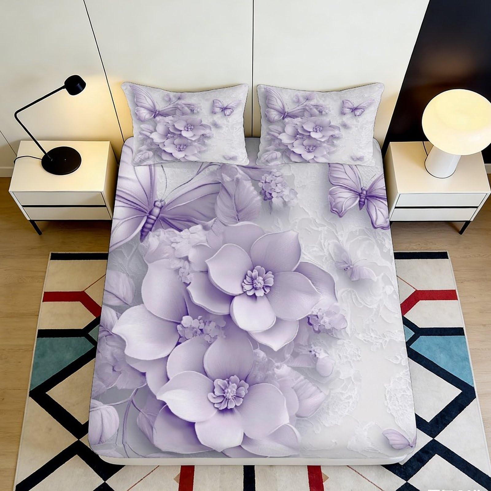 3D Printed Purple Floral Fitted Sheet Microfiber Soft Breathable Lavender Blossom Mattress Cover for Bedroom Guest Room Decor 90x200x25cm