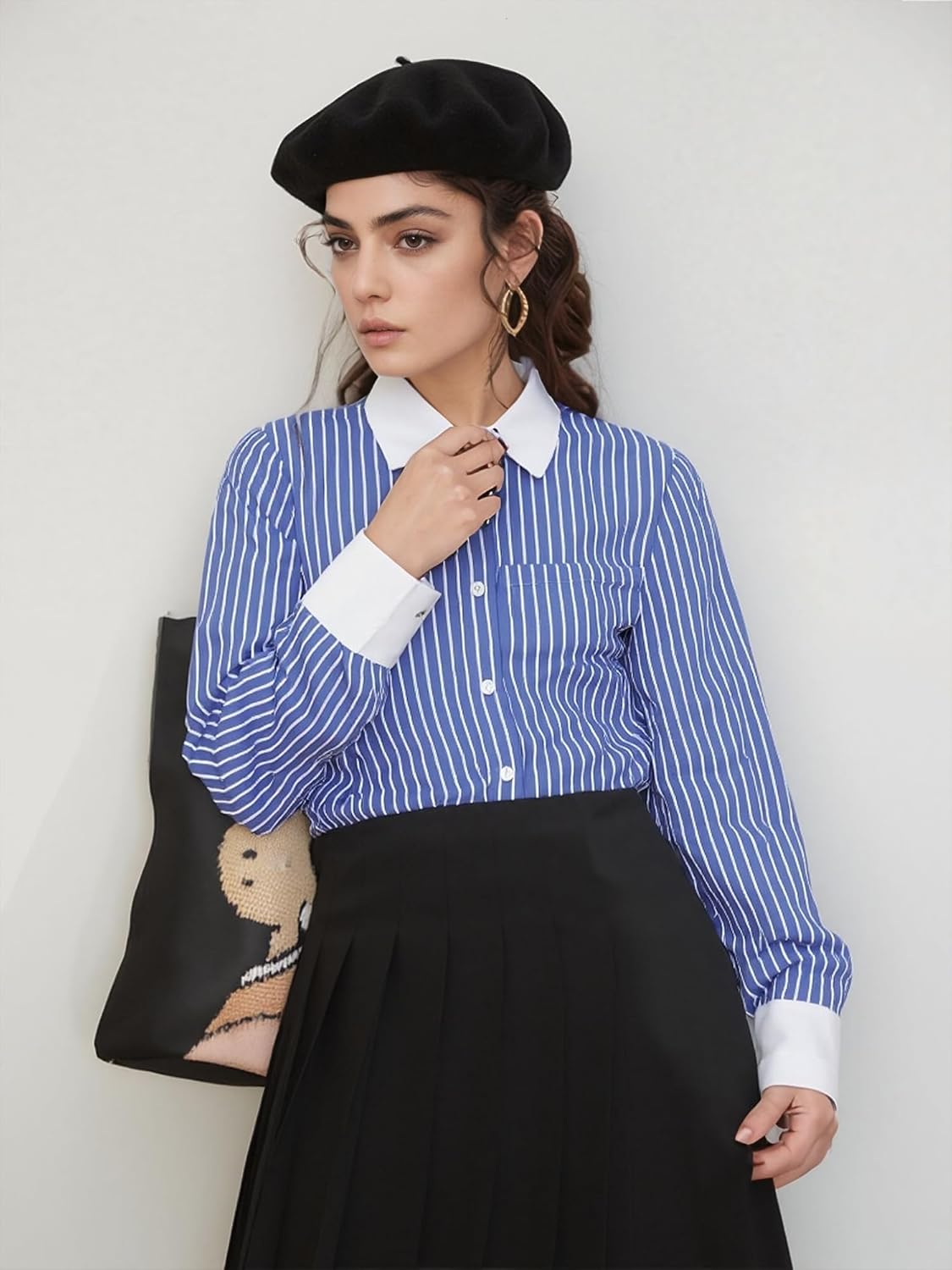 SUNNOW Women's Blue White Striped Long Sleeve Shirt Classic Pinstripe Button Down Business Casual Blouse with Contrast Collar - Image 5