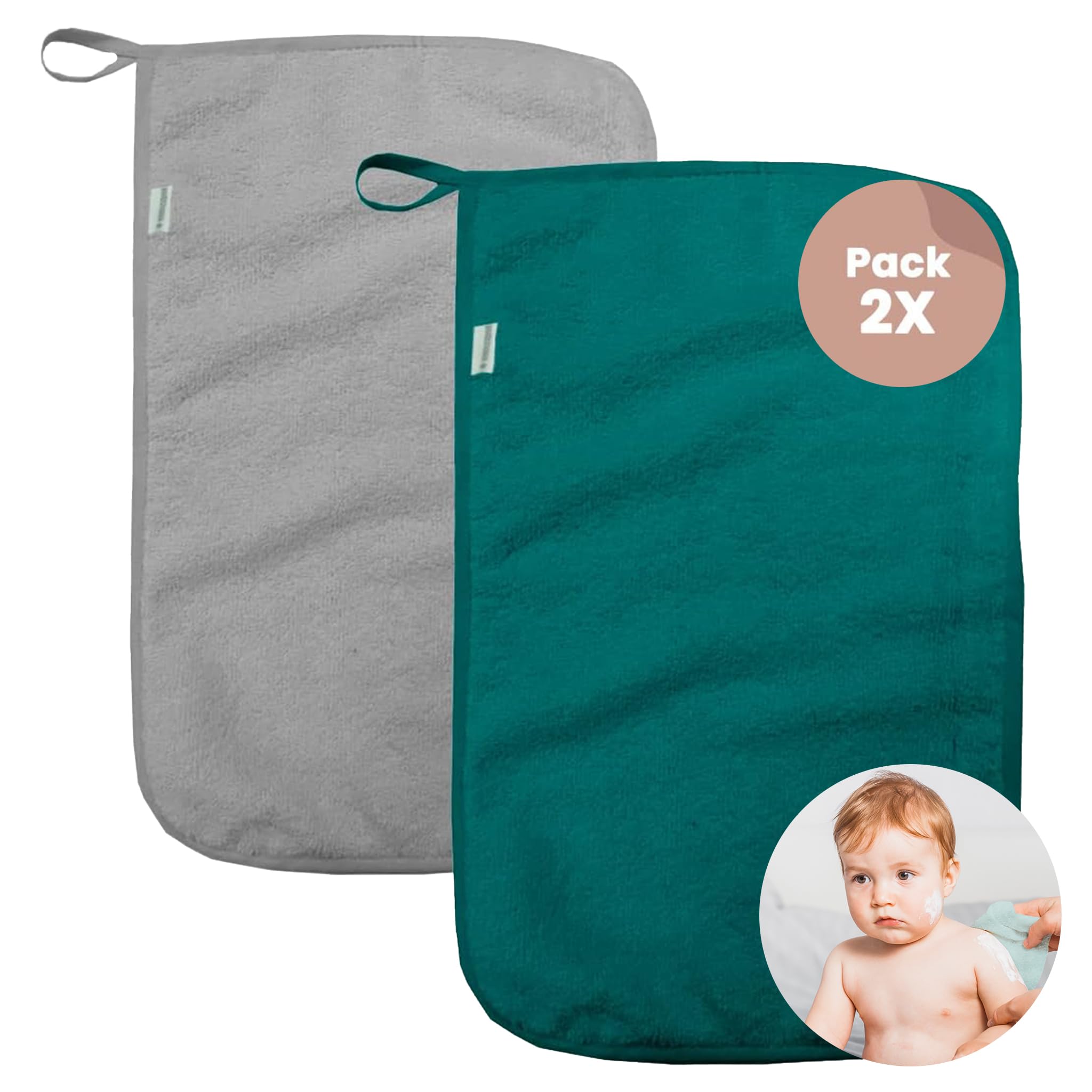 Asciugamani Bambini Asilo - Set 2 Pezzi, Cotone Spugna, 35x23 Cm, Con Gancio (Turchese/Grigio) - Foto 8