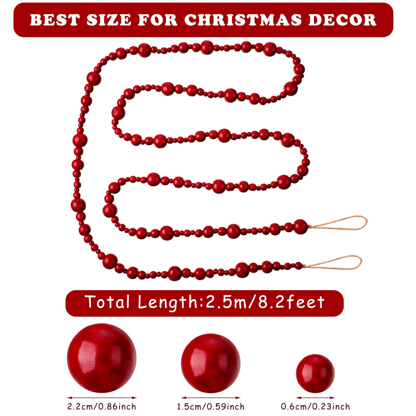 Lot de 2 guirlandes de perles de Noël en bois de 2,4 m - Guirlande de Noël rustique - Guirlande de perles décoratives bohème pour sapin de Noël - Décoration d'intérieur (rouge foncé)