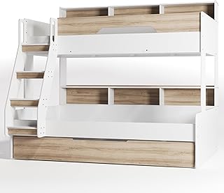 Flair Furnishings Triple Bunk Beds for Kids, Trundle Bed, Heavy Duty and Sturdy, Cosy, Stylish, Space-Saving Design (Oak)