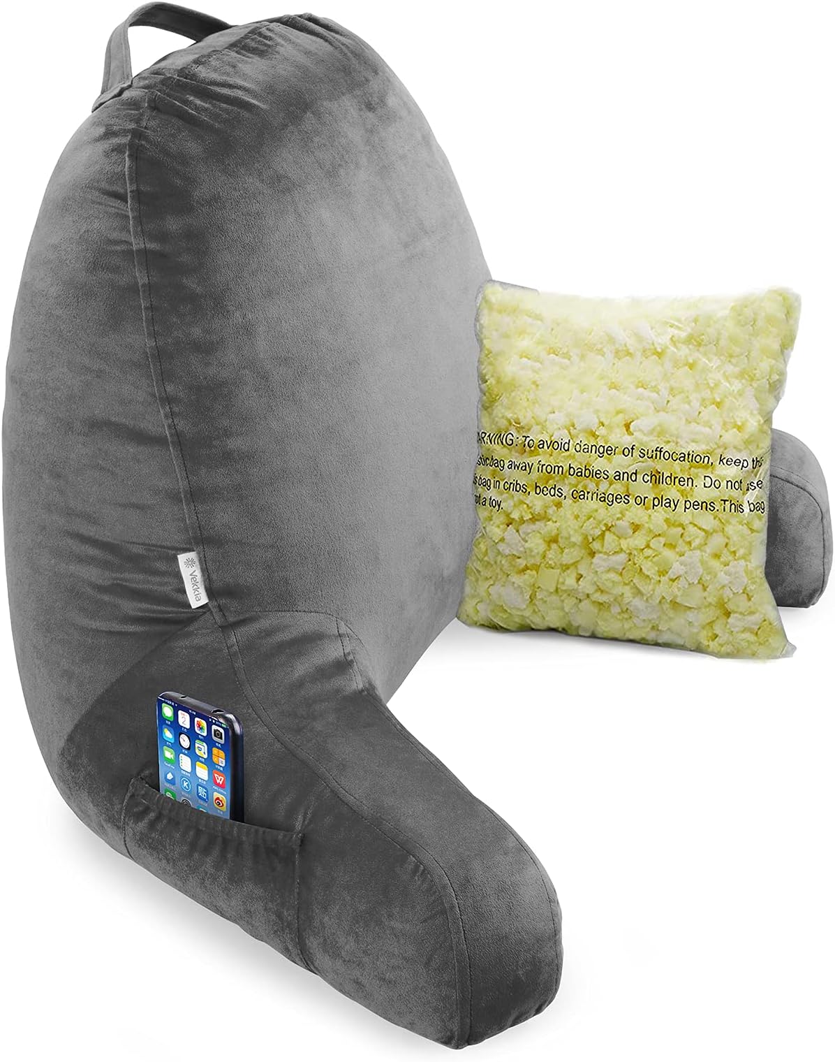 Vekkia Reading & Bed Rest Pillow with Support Arms, Pockets, Memory Foam. Perfect Back Support Cushion for Adults Reading/Watching TV/Sitting Up in Bed – Extra Foams Incl. Customize Softness-Gray 20
