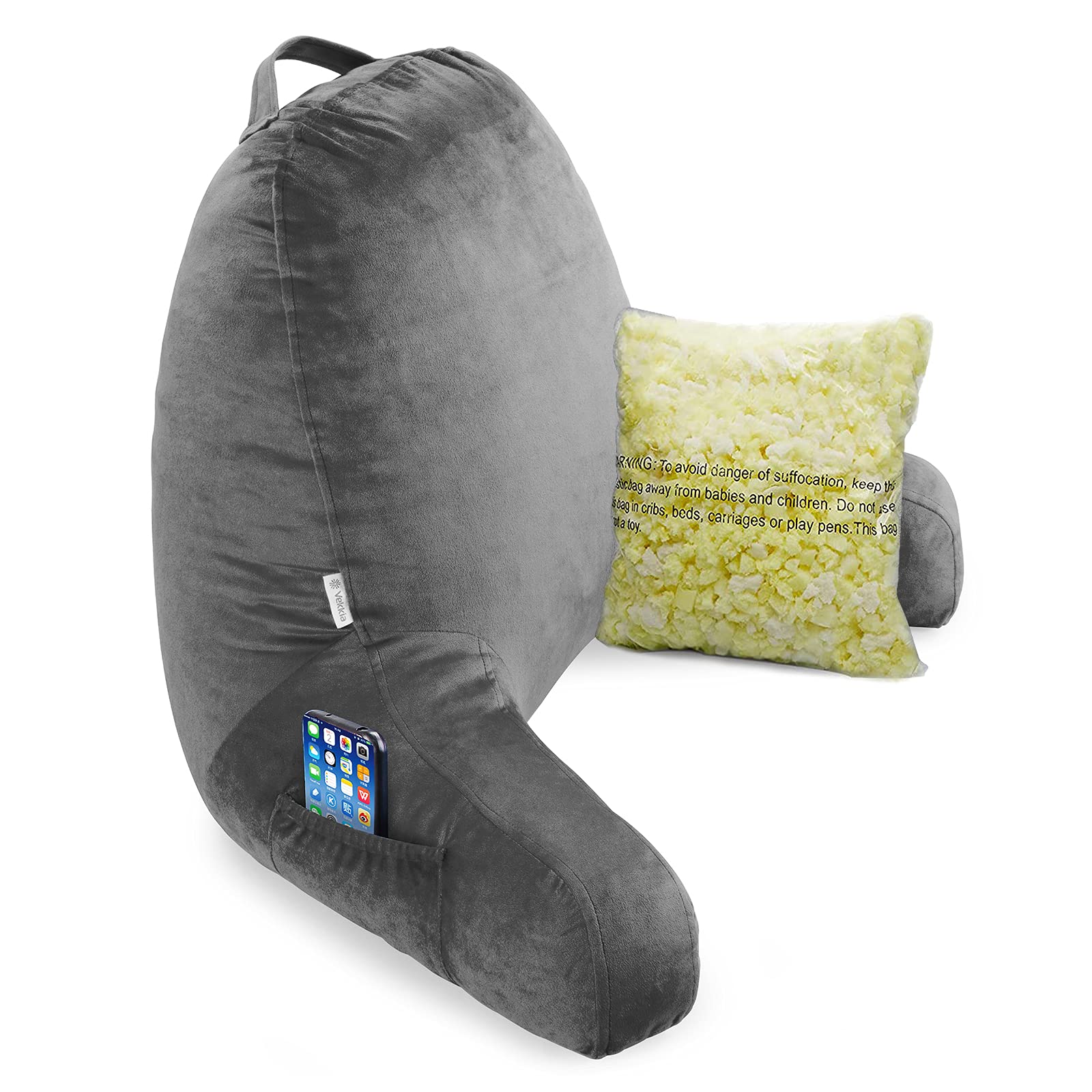 Vekkia Reading & Bed Rest Pillow with Support Arms, Pockets, Memory Foam. Perfect Back Support Cushion for Adults Reading/Watching TV/Sitting Up in Bed – Extra Foams Incl. Customize Softness-Gray 20