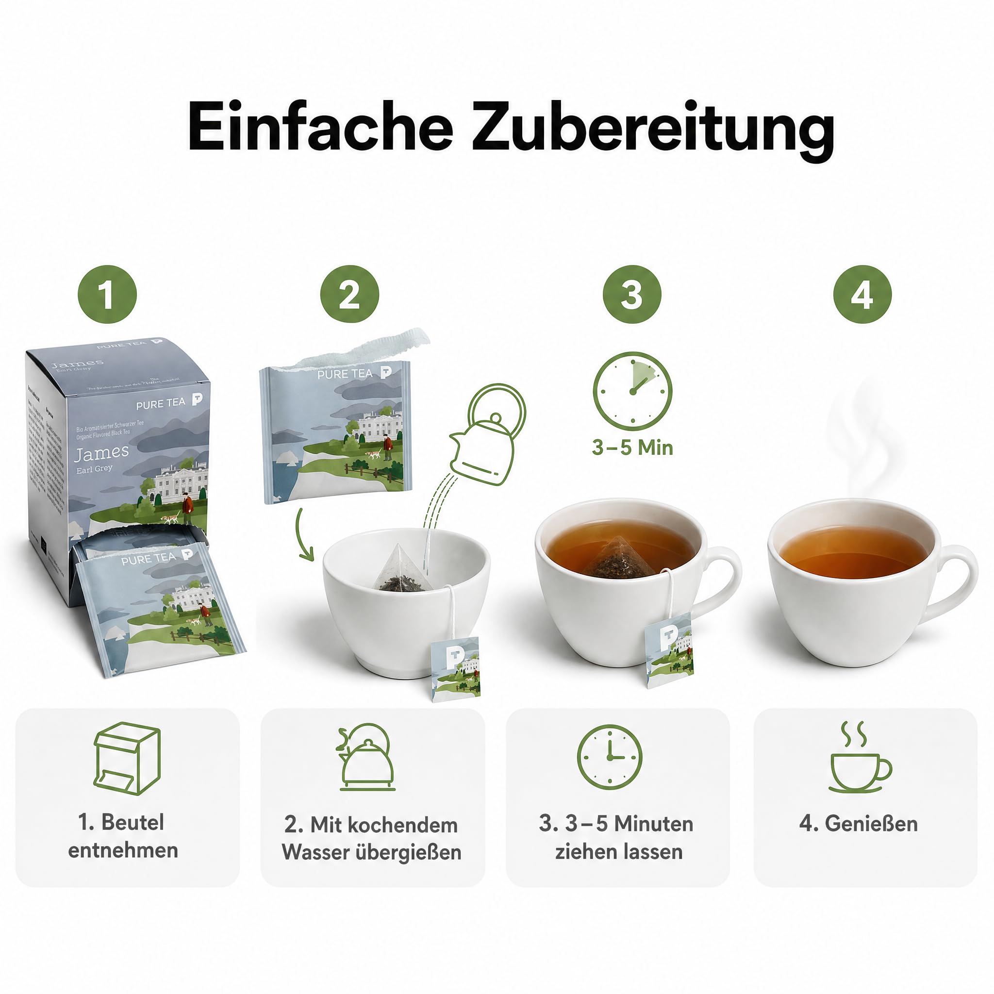 6 x Pure Tea James Earl Grey Teebeutel, Premium-Schwarztee mit Bergamotte, aromatisierter schwarzer Tee im Kissenbeutel, einzeln verpackt in eleganter Dispenserbox, britischer Afternoon-Tea-Genuss
