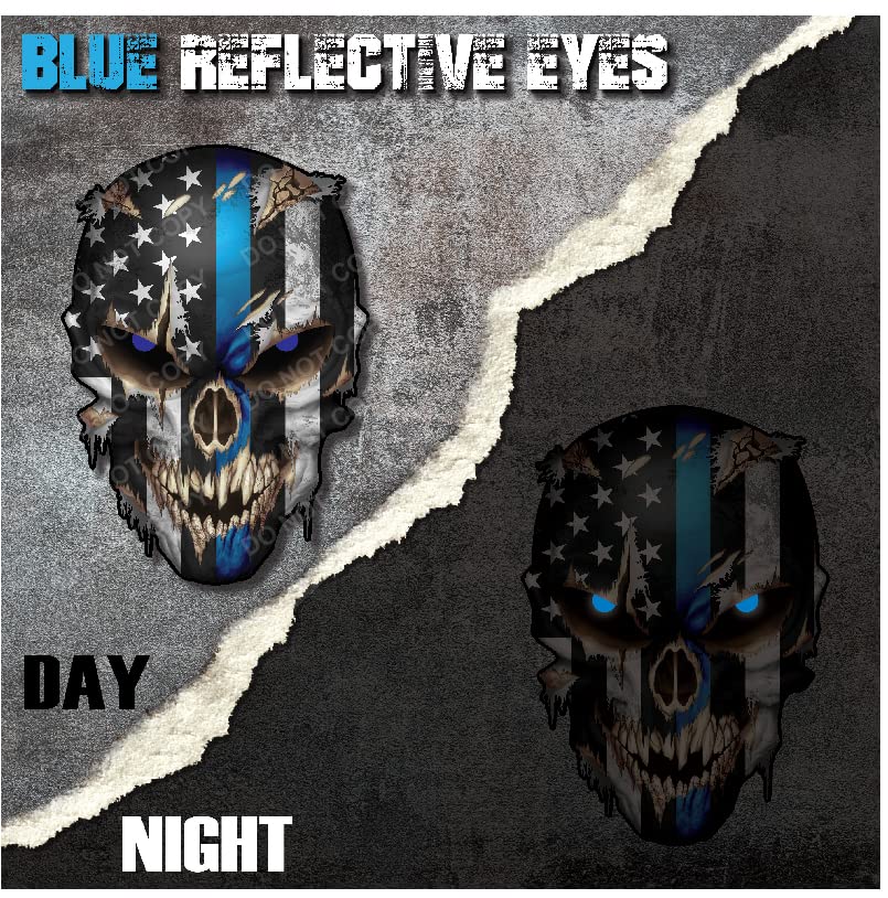 Image of Blue Line Skull Decal Sticker with Reflective Eyes Thin Stripe I Support Police Vinyl Bumper Graphic Black White Emblem for Car Truck Vehicle Peel and Stick Graphic