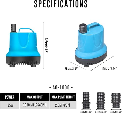 Miniatura 2 de Bomba de alimentación inferior anfibia de bajo consumo de energía 25W 264 GPH sumergible de baja succión para acuario, pecera, fuente de jardín,