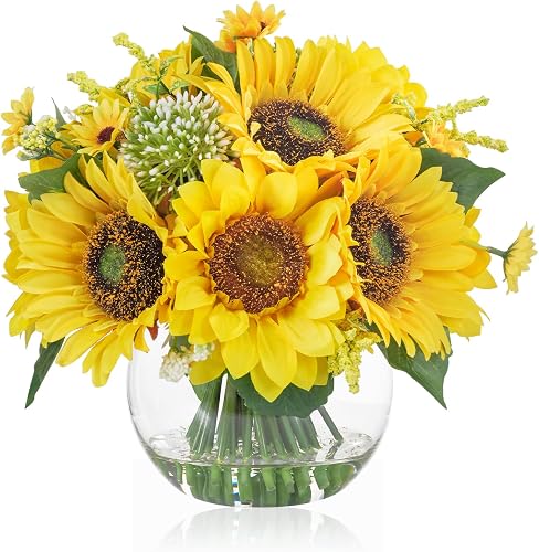 Sunflower Arrangement as Table Centerpiece, Artificial Flowers in Vase | Yellow Sunflower for Home Decor, Centerpieces for Dining Tea Coffee Table and Kitchen Decor & Gift