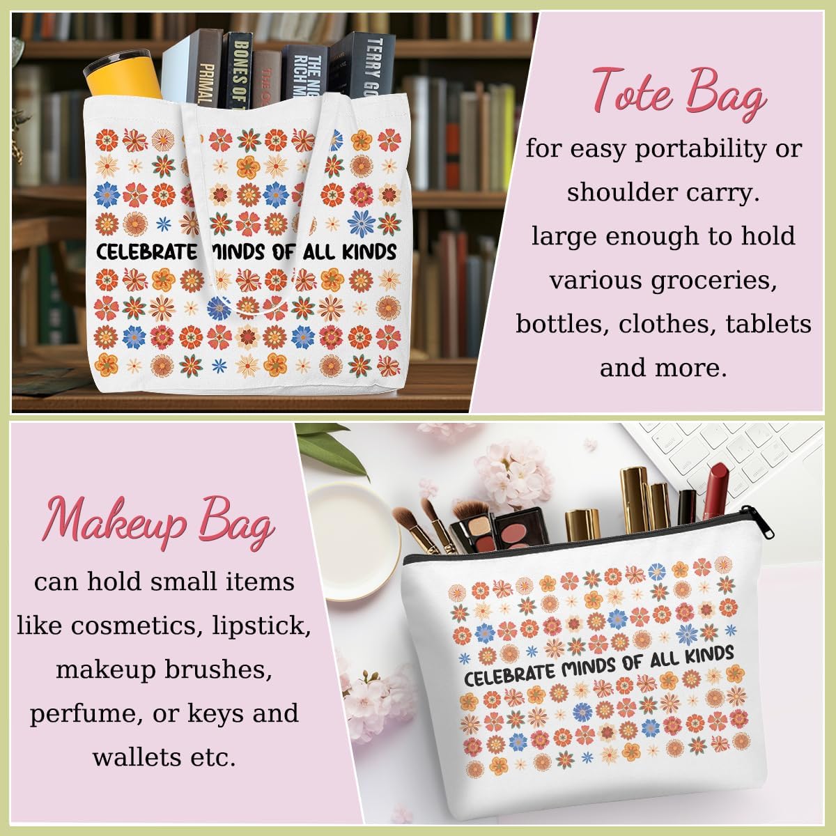 Autism Awareness Stuff Canvas Tote Bag Grocery Bags Beach Tote Bag for Women with inner Pocket Retro Mental Health Inspirational Birthday Appreciation Gifts for Women Therapy Nurse Doctor Teacher - Image 2