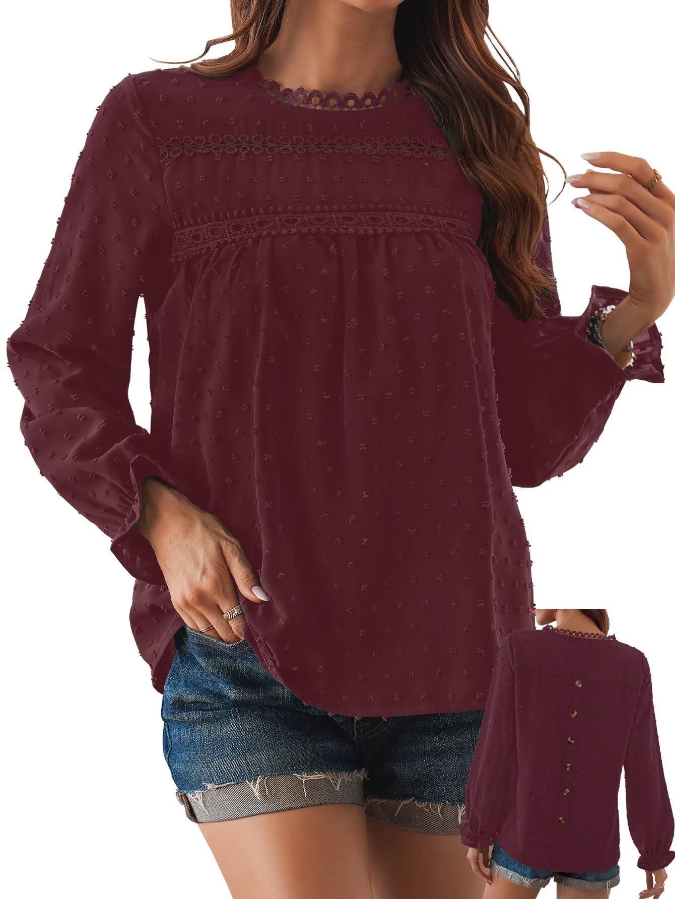 Womens Boho Tops Long Sleeve Shirts For Women Cute Crewneck Blouse Dressy Casual Swiss Dot Crochet Hollow Top 2025