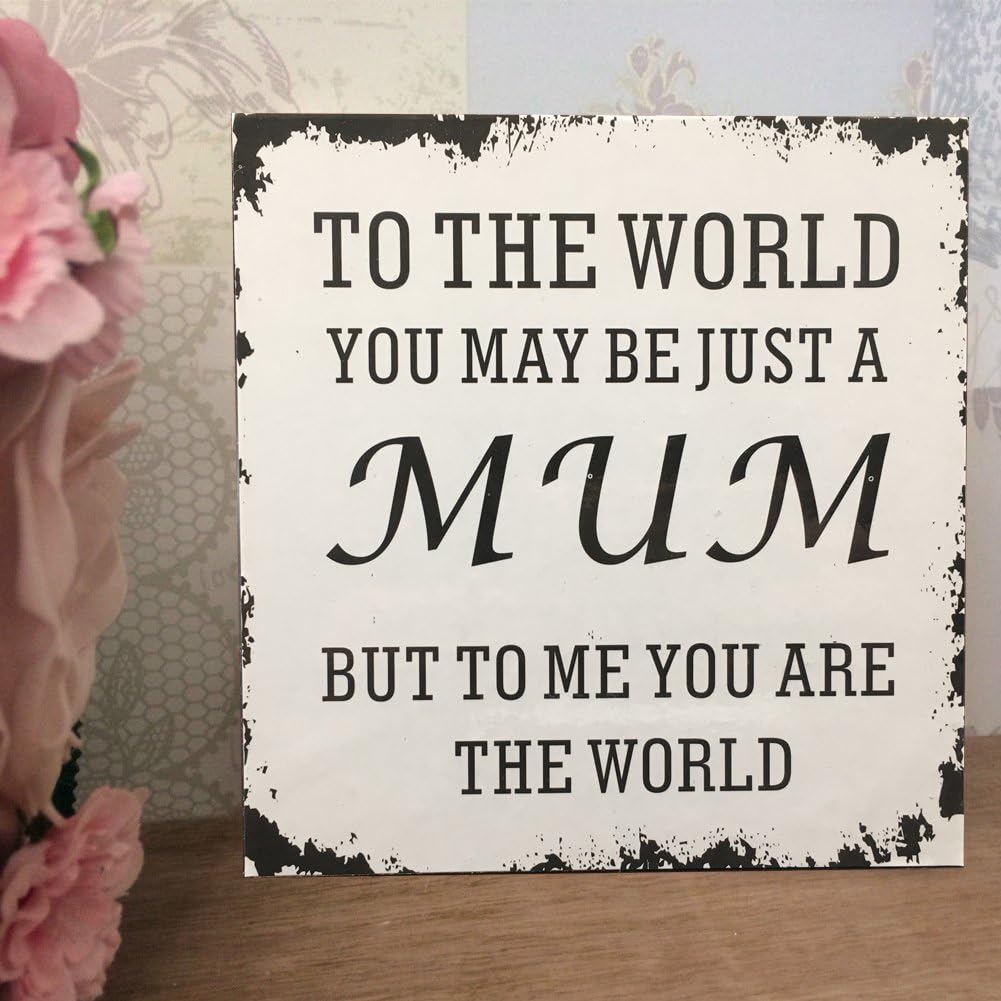 Fiouni Mothers Day Birthday Shabby Vintage Wall Plaque Sign To the World You May Be Just A Mum but to Me You Are the World
