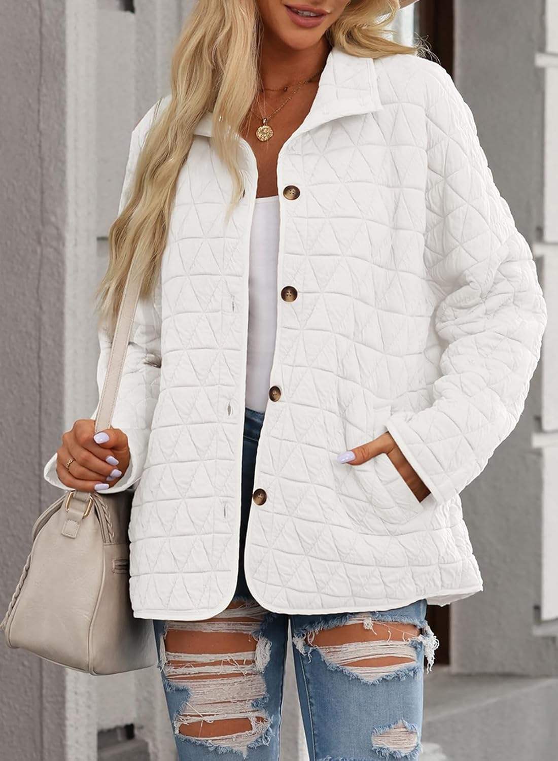 EVALESS Women's Lightweight Diamond Quilted Jacket Casual Winter Open Front Button Down Puffer Coat Outwear Cardigan - Image 3