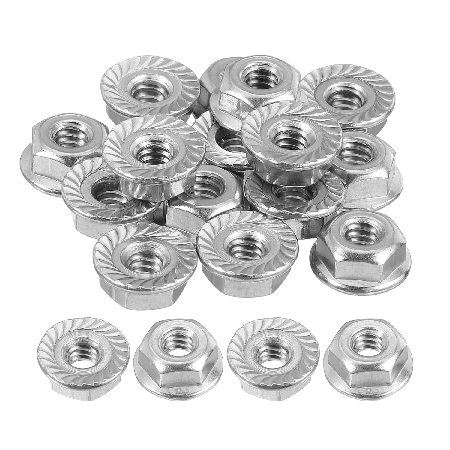#10-24 Serrated Flange Hex Lock Nuts, 15Pcs 304 Stainless Steel Non-Slip Hexagon Flange Nut, Full Thread, Bright Finish, Silver