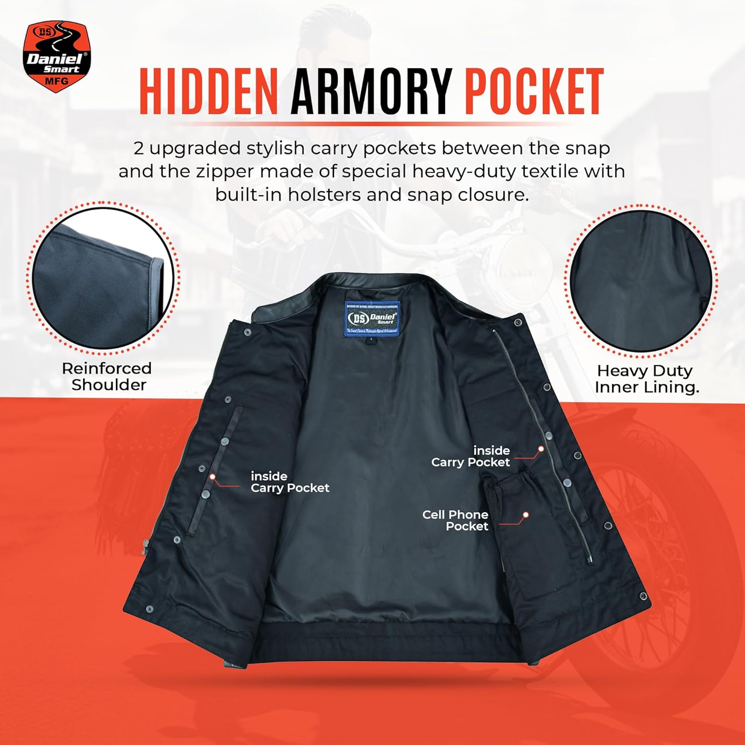 Daniel Smart Men's Ridding Vest - Textile Vest with Leather Detailing Motorcycle Vest with Inside Pockets & Mandarin Collar