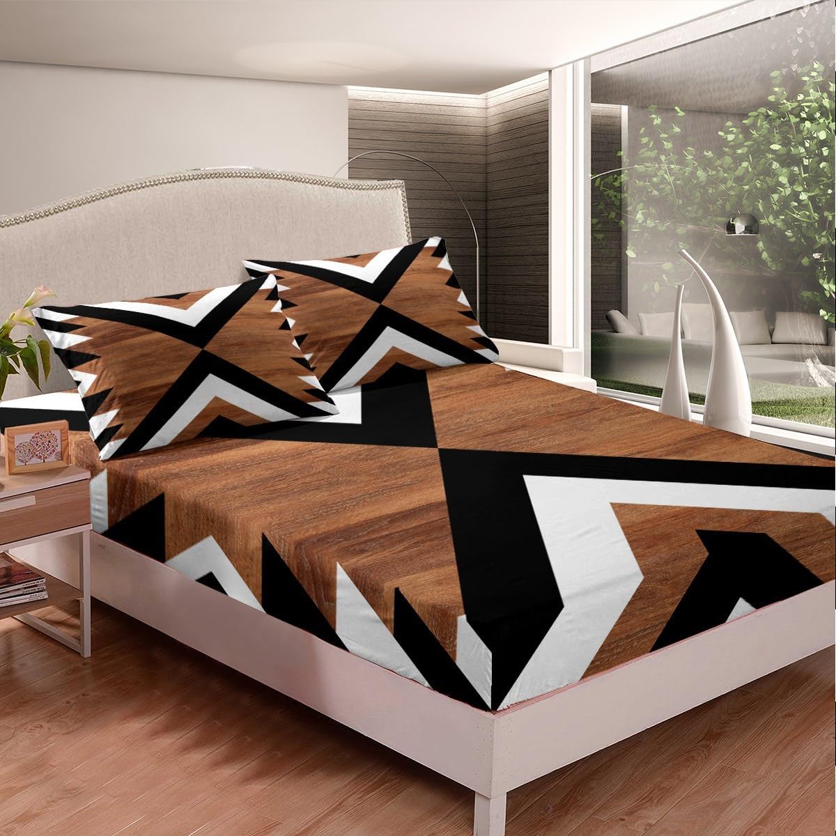 Feelyou Boho Sheet Set King Size Southwestern Native Aztec Sheets with Deep Pocket Fitted Sheet Retro Exotic Boho Bed Sheets Set Western Decor Bedding Set Dark Brown Bed Set