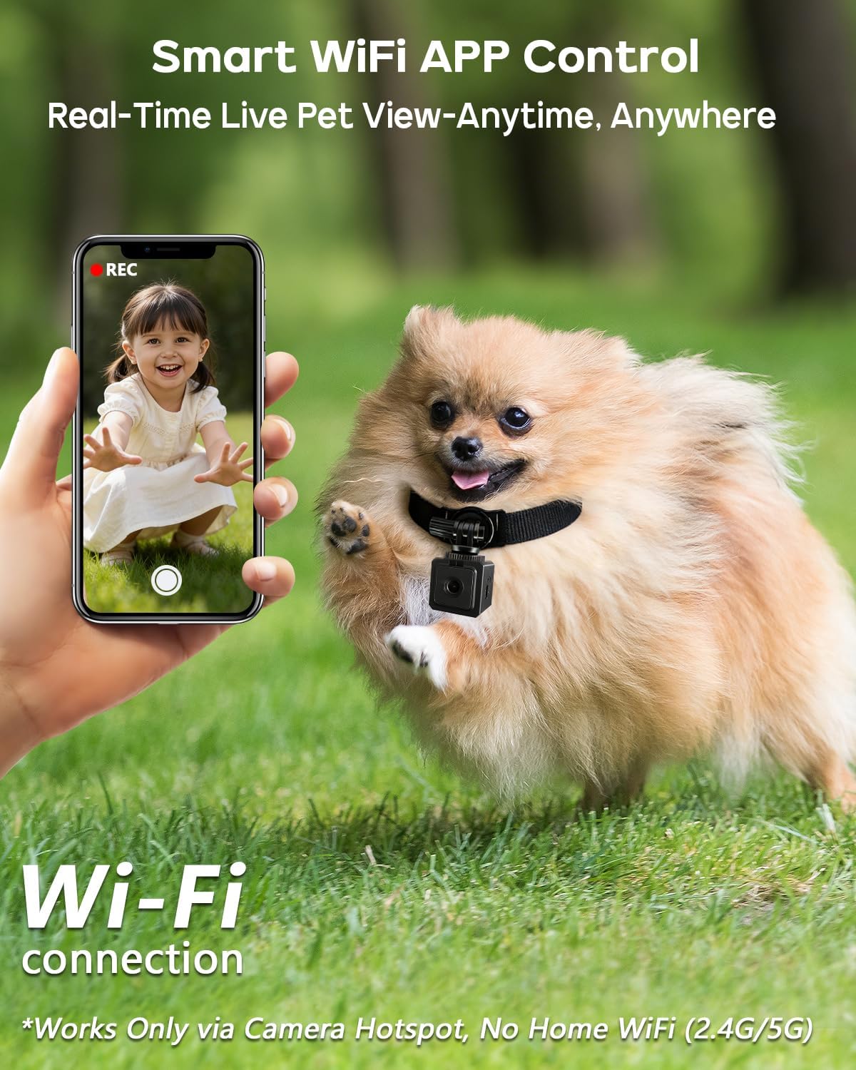 AEZ Pet Camera Collar with APP Control, 1080P HD Pet POV Camera, 210-mins Recording Wearable Action Camera with Hotspot WiFi, Magnetic Clip Camera for Cats Dogs Kids & Outdoor Use (No SD Card)