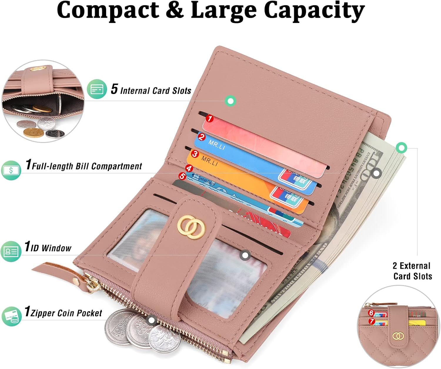 GAEKEAO Small Wallet for Women Slim Bifold Leather Credit Card Holder Wallets Zipper Pocket Coin Purse with ID Window - Image 3