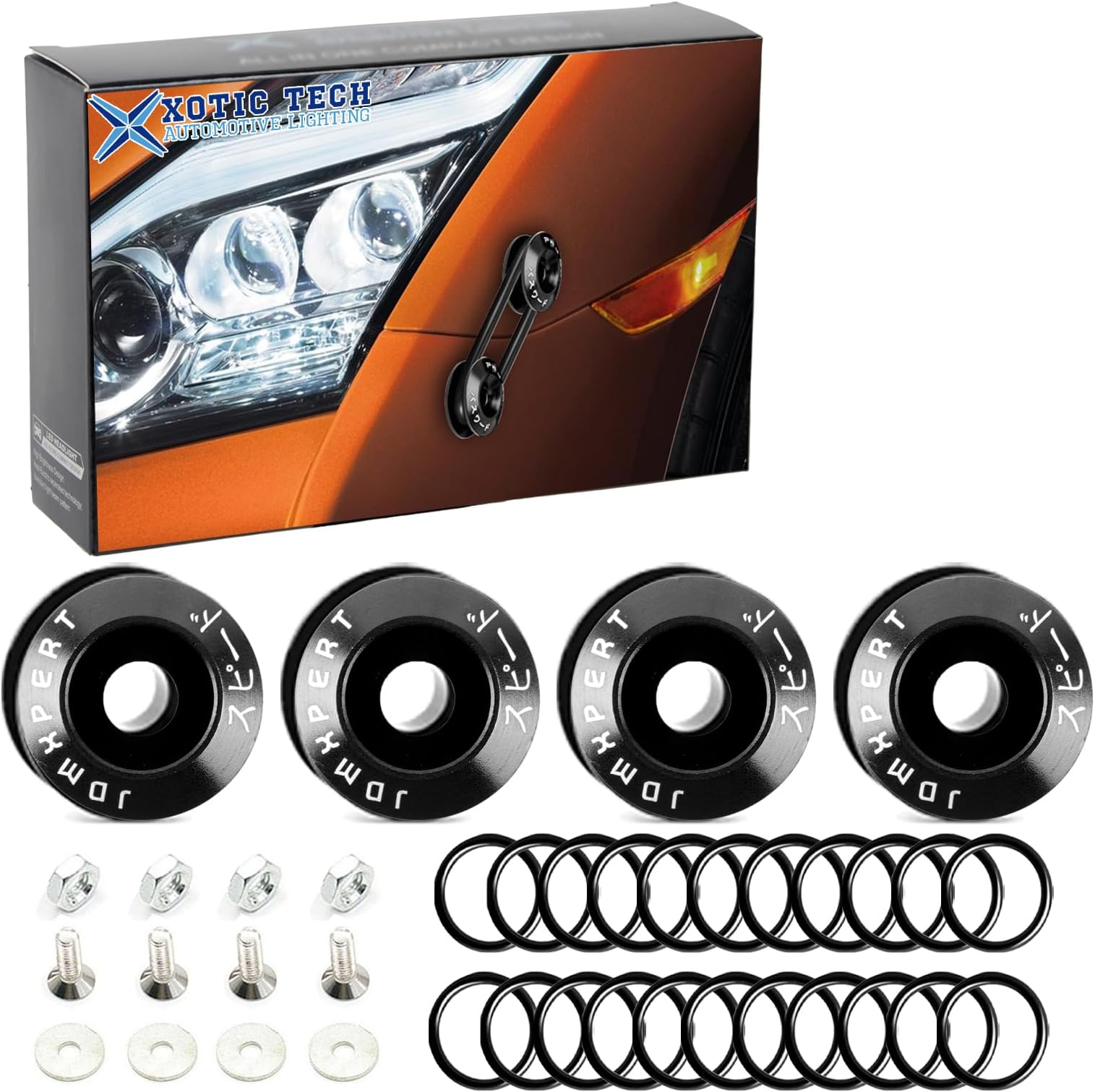 XOTIC TECHJDM Black Bumper Fender Trunk Quick Release Fasteners w/Rubber Bands O Rings Washers Replacement for Car Bumper Engine Hatch Fixing Kit (4 Quick Release Tabs with 22 O-Rings)