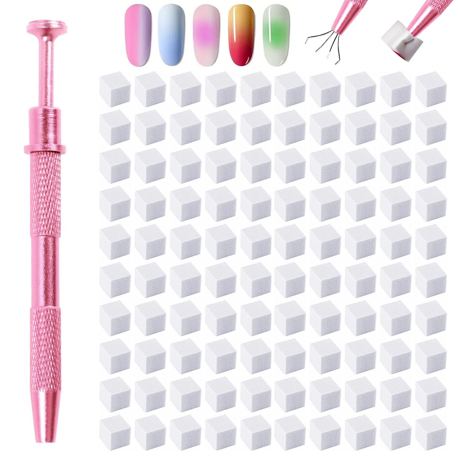 100Pcs Nail Art Sponge Gradient Tool Kit, White Nail Ombre Sponge Blocks with Metal Applicator Tool, Professional Manicure Accessories for Gradient, Blush & Ombre Nail Art DIY Manicure