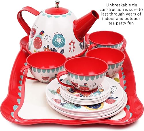 Miniatura 6 de Juego de té para niñas pequeñas juego de fiesta de té diseño floral juego de té de lata para niños con estuche de transporte 15 piezas