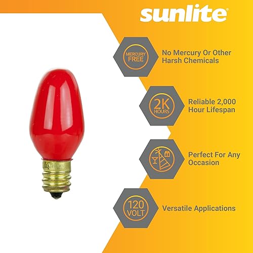 Miniatura 3 de Sunlite 01275 7C7 Bombilla incandescente, 7 vatios, base de candelabro E12, luz nocturna pequeña C7, bombilla de color, rojo, 25 unidades