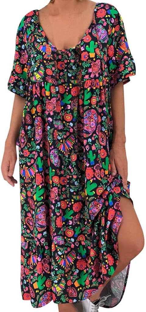 Starryflashing_Women Dress Women’s Ladies Loose Print Short Sleeve Maxi Long Summer