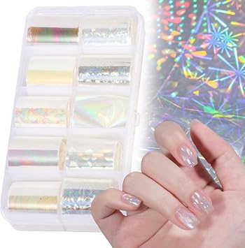 10 Rolls Aurora Nail Foil, Iridescent Holographic Nail Art Foils Sheets, Clear Laser Glass Fragment Transfer Foil Stickers Decals for DIY at Home & Salon Nails Decoration