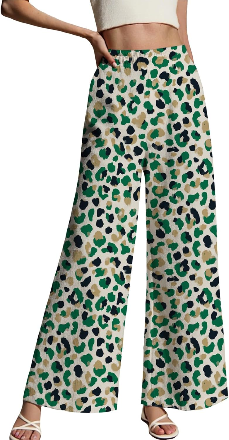 LIZALIG Women's Leopard Print Pants High Waist Wide Leg Trousers with Elastic Waistband Casual Loose Fit Pockets