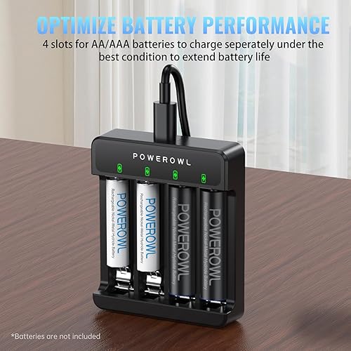 Miniatura 2 de POWEROWL Cargador de batería AA AAA de 4 ranuras, carga rápida USB, ranura independiente, para baterías recargables Ni-MH Ni-CD, sin adaptador