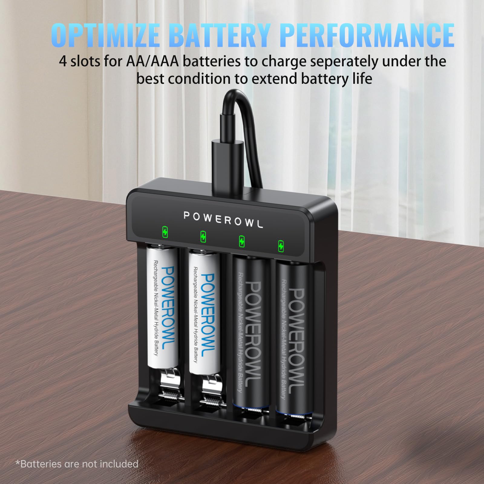 POWEROWL 4 Slots AA AAA Battery Charger, USB Fast Charging, Independent Slot, for Ni-MH Ni-CD Rechargeable Batteries, No Adapter