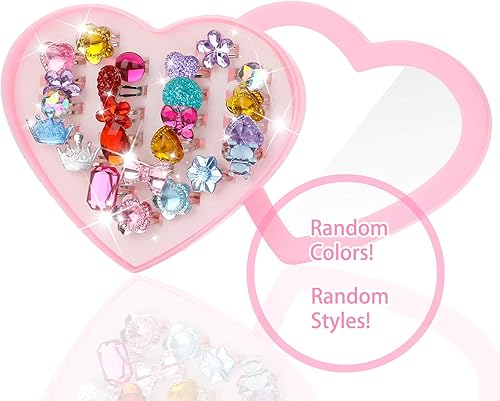 Miniatura 2 de Hifot 24 anillos ajustables de cristal para niñas, anillos de dedo de joyería de princesa con caja en forma de corazón, anillos de simulación