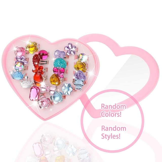 Foto 6 de 6 de Hifot 24 piezas Anillos ajustables para niñas, Princesa joyas anillos de dedo con caja en forma de corazón
