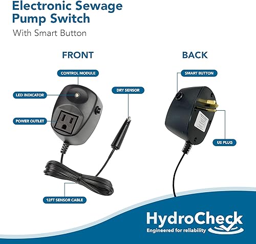 Miniatura 6 de HC5000T - Interruptor electrónico de bomba de aguas residuales, cable de 12 pies, sin entrada de pozo, sistema de alarma inteligente con sensor de