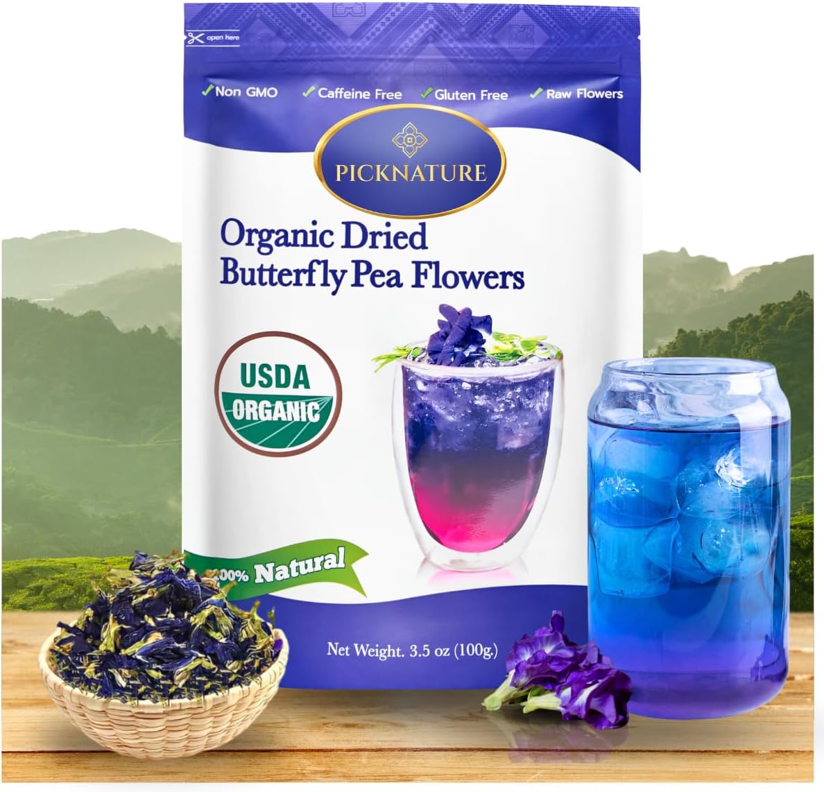 PICKNATURE Butterfly Pea Flower Tea Loose Leaf Freshly Picked from Thailand | 3.5 oz (300+ Cups) | Herbal Blue Tea Gifts | USDA Organic