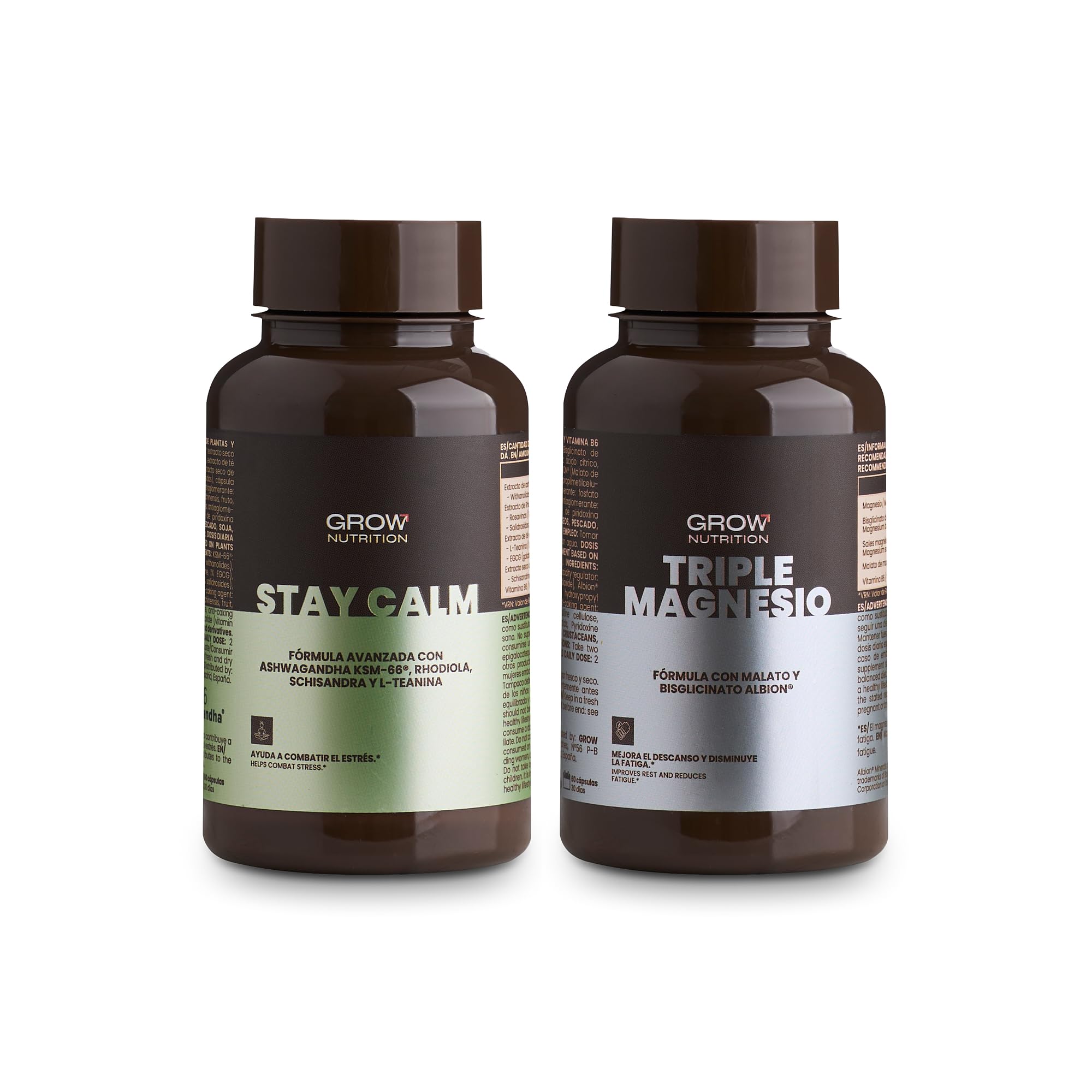Grow Wellness Lote Stay Calm + Triple Magnesio | Ashwagandha KSM-66, Rhodiola, Schisandra, L-Teanina, Magnesio Albion TRAACS y Vitamina B6 | 2 Envases de 60 Cápsulas