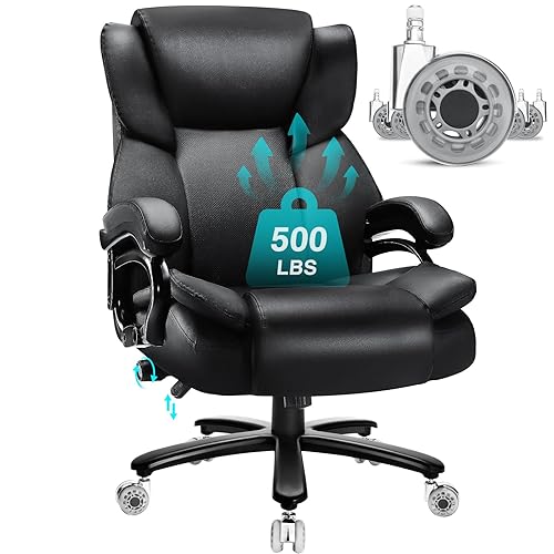 Indulgear 500lbs Big and Tall Office Chair with Dual Rubber Wheel, Heavy Duty Office Chair for Low Back Pain Relief, Large Executive Desk Chair with Adjustable Lumbar Support - Dual Wheels Black