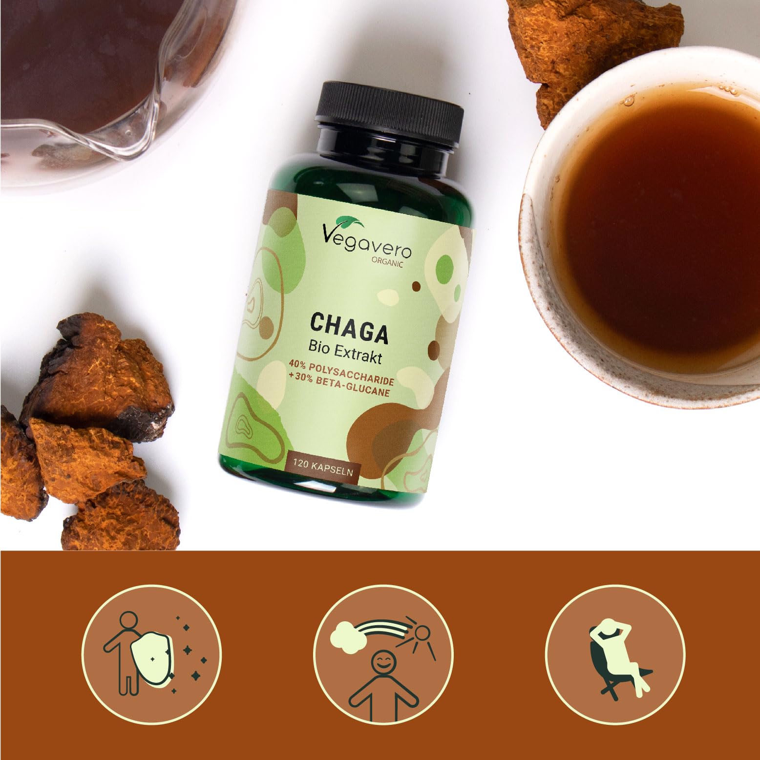 Bio Chaga Pilz Kapseln | Hochdosiert: 6.000 mg aus Extrakt (10:1) | 40% Polysaccharide - 30% Beta Glucane | Laborgeprüft | Vegan - Ohne Zusatzstoffe | Deutsche Produktion Vegavero®