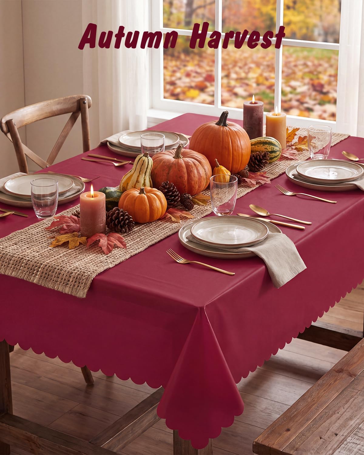 NatNarr 3 Pack Burgundy Tablecloths, Scalloped Plastic Table Covers image 5