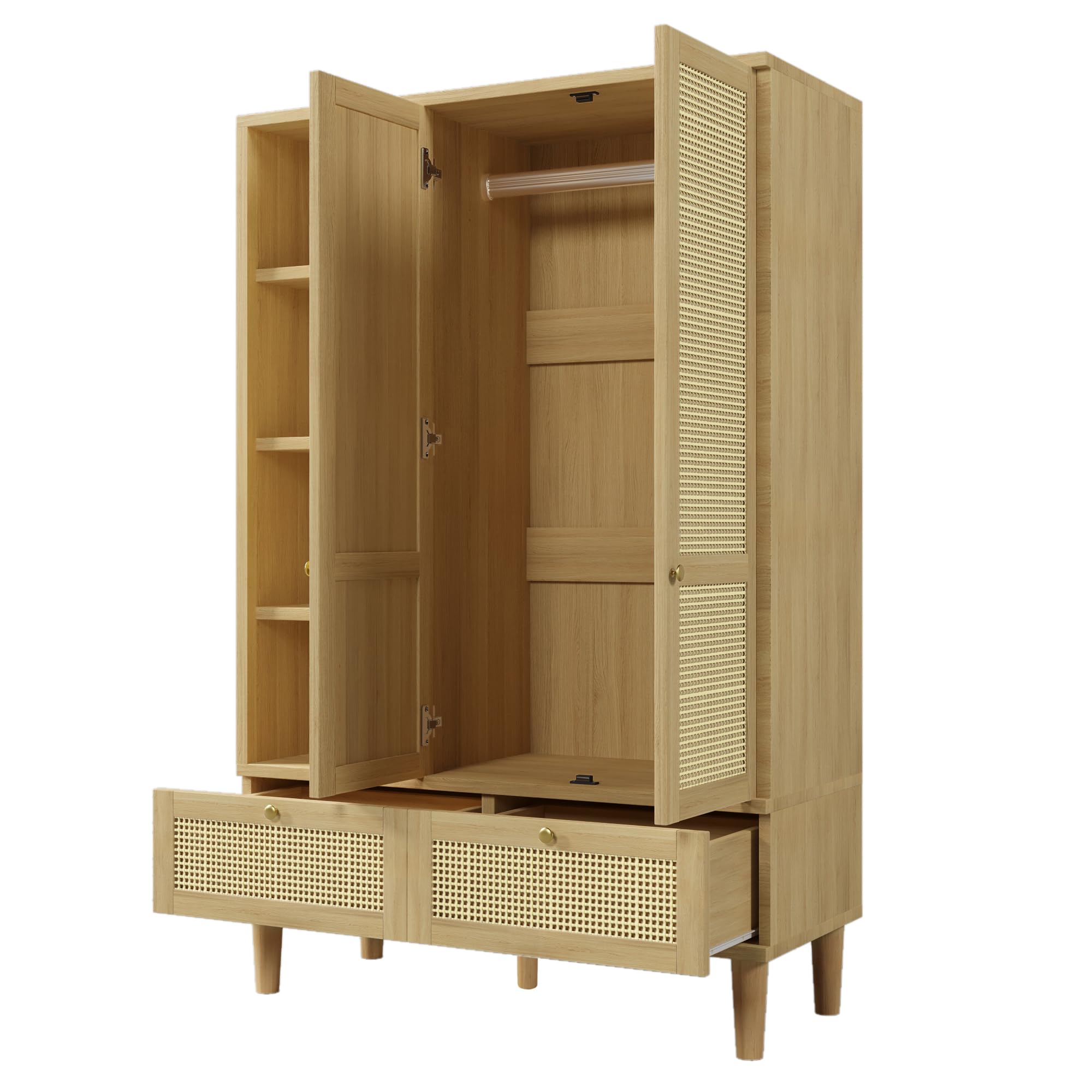 Moimhear Armario de 120 x 50 x 180 cm, con 2 puertas y mimbre trenzado, estante abierto, barra para colgar ropa, 2 cajones, protección antivuelco