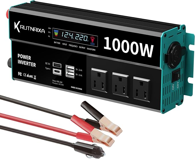 Inversor de corriente 1000W 12V DC a 110V AC con puertos USB-C y cargador rápido miniatura 8