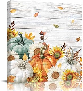 Fall Thanksgiving Canvas Print Wall Art Pumpkins Fall Maple Leaves Sunflowers Wood Texture Wall Decor Pictures Framed Artwork Paintings for Living Room Bedroom Office, Ready to Hang 12"x12"