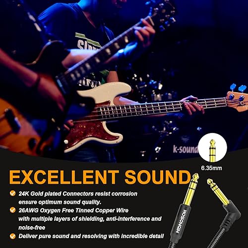 Miniatura 6 de HOSONGIN Cable TRS para instrumentos de 14 de pulgada, paquete de 2 unidades de 10 pies, cable de audio estéreo macho de ángulo recto a recto de