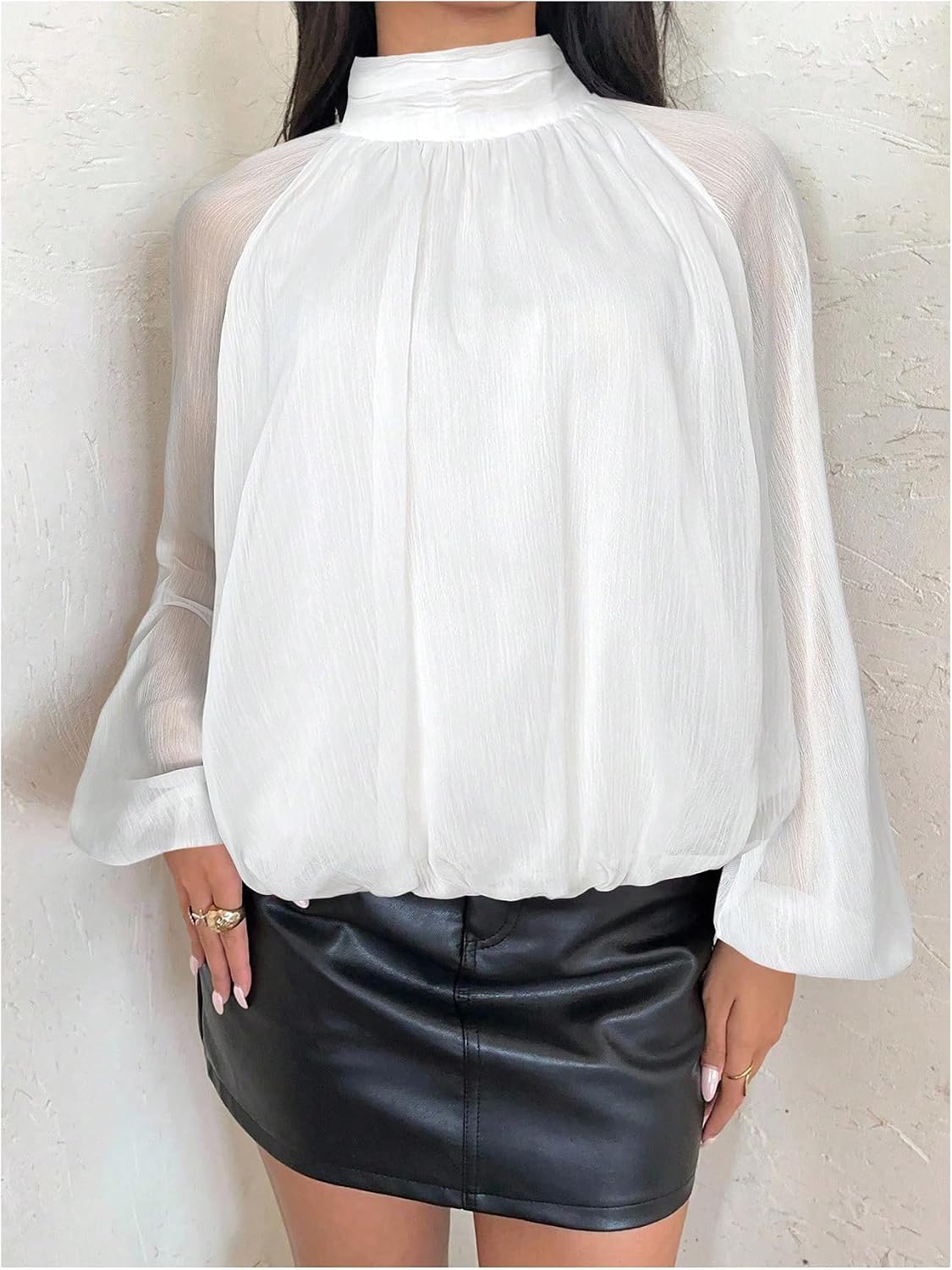 MakeMeChic Women's Lantern Sleeve Bubble Mesh Blouse Mock Neck Dressy Business Shirt Tops