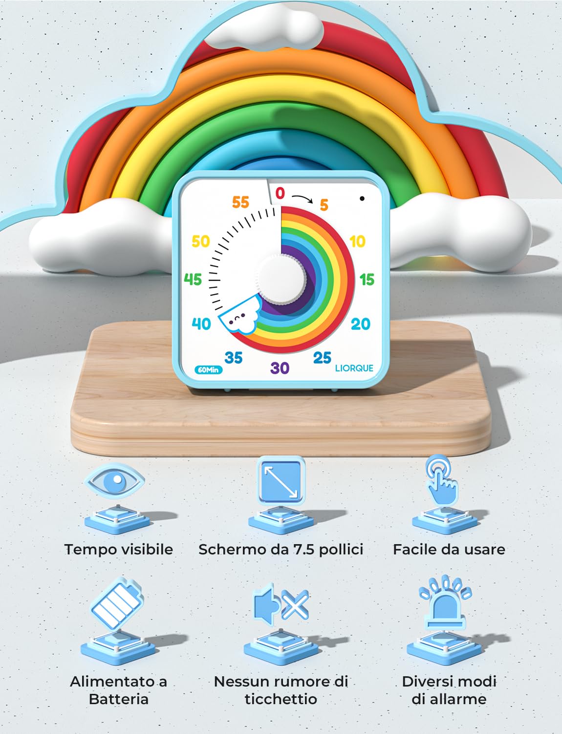 LIORQUE Timer Visivo da 19cm Timer per Aula Grande per Insegnanti, Timer per Bambini da 60 Minuti Senza Ticchettio con Retro Magnetico, 3 Livelli di Volume e Allarme Vibrante e Luminoso (Arcobaleno)