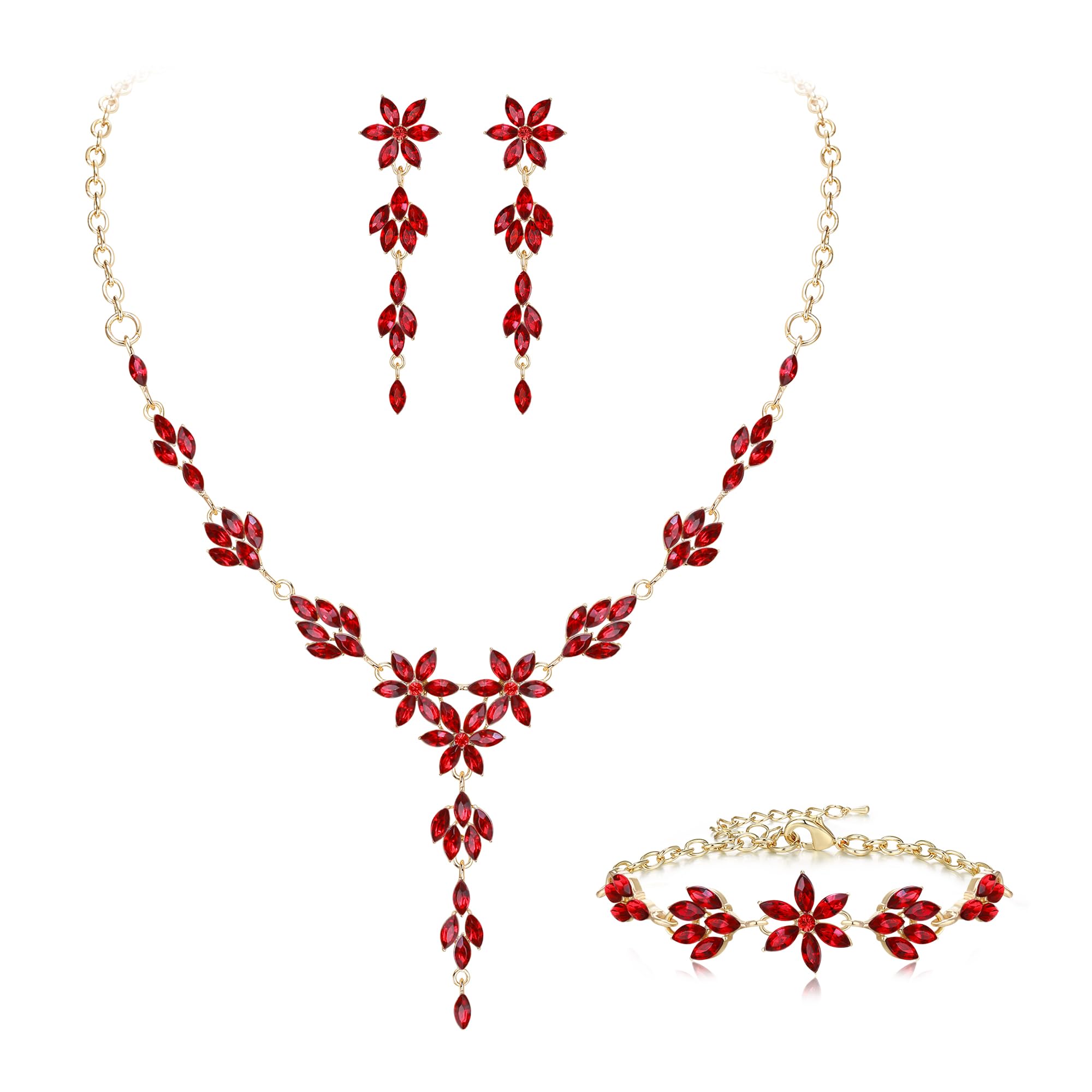 EVER FAITH Juego de joyas de boda para novia, dama de honor, diamantes de imitación, flor de cristal, collar de novia, pendientes y pulsera para mujer, tono plateado claro
