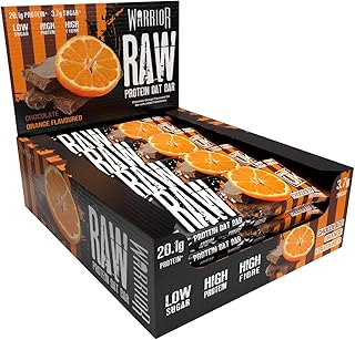 Warrior Raw Proteinriegel 12 x 75 g – Ballaststoffreicher Haferriegel mit Protein, High Protein Snack ohne Zucker, Natürlicher Haferflocken Riegel mit Präbiotika – Schokolade-Orange