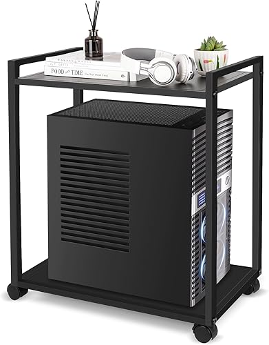 Miniatura 8 de Soporte de torre de computadora de 2 niveles con 2 ganchos y ruedas giratorias de bloqueo debajo del escritorio para oficina y hogar (S)